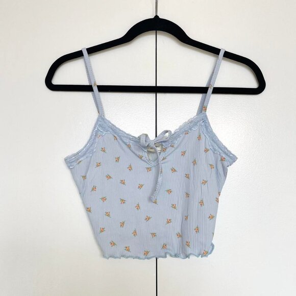 Pastel baby blue floral cropped ribbed lace trim cami and cardigan set | Size S - Picture 6 of 8